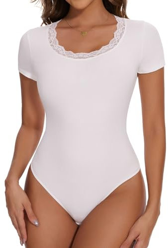 Joyshaper Body Damen Kurzarm Bodysuit Spitze U-Ausschnitt Sexy Stringbody Elegant Damenbody Sommer Oberteil Tops T-shirts Weiß,XL