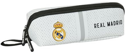 Real Madrid 1ère équipe 24/25 - Grande trousse carrée, idéale pour les enfants d'âge scolaire, confortable et polyvalente, qualité et résistance, 22 x 10 x 10 cm, blanc/gris, Blanc/gris, Estándar,