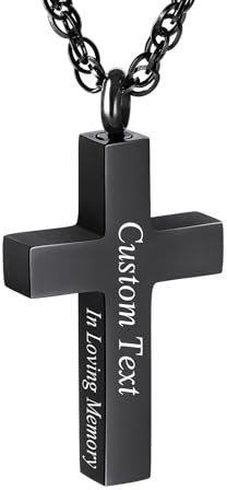 INBLUE Personalisierte Kreuz Urne Halskette für Asche Edelstahl Halskette In Loving Memory Anpassen Text Kreuz Urne Anhänger Asche Halter mit Mini Andenken Gedenk Schmuck für Männer - Schwarz