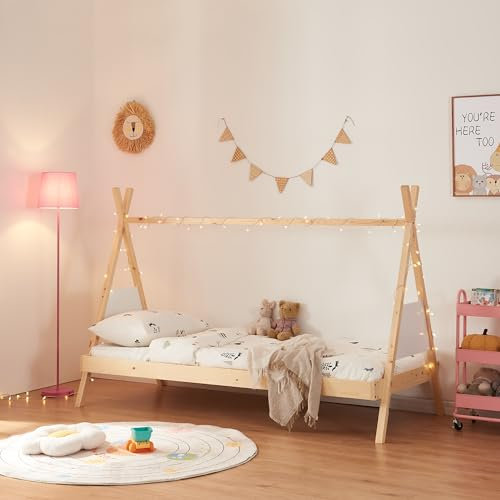 [en.casa] Letto per Cameretta a Forma di Capanna Letto Tipi per Bambini Struttura in Legno di Pino in Stile Montessori 90 x 200 cm Color Naturale/Bianco