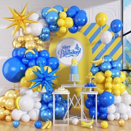 129 Stück Luftballon Girlande Blau und Gelb Weiße mit Folienstern Ballons, Dunkelblau Metallisch Blau und Gold Ballongirlande für Baby Shower Jubiläum Geburtstag Abschluss Hochzeit Party Deko