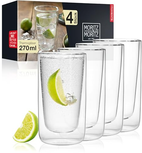 Moritz & Moritz 4x 270 ml Trinkgläser Set Doppelwandig - Doppelwandige Gläser für Cocktails, Wasser, Tee, Kaffee oder Longdrinks - Spülmaschinengeeignet