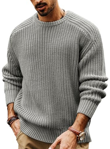 PJ PAUL JONES Men's Crewneck Jumpers Chunky Knit Jumper Long Sleeve Casual Sweater Grey S
