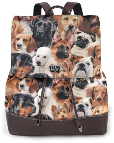 OdDdot Lederrucksack mit vielen Hunden, für Damen, Herren, Büchertasche, Wochenende, Tagesrucksack, für Reisen, Arbeit, Schwarz , One size