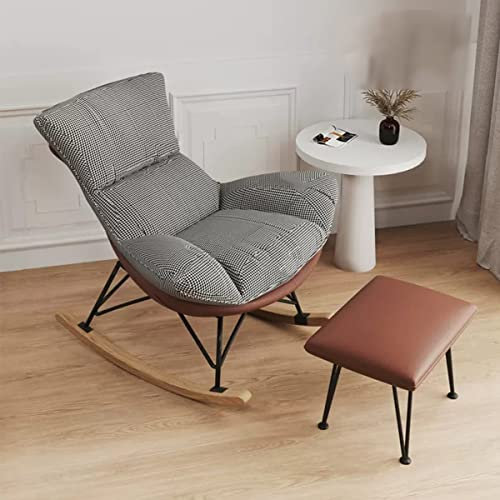 ZXFDMSWJ Bequemer Liege-Schaukelstuhl, Gleitwippe, gepolsterter Liegestuhl, Wohnzimmer-Sofasessel mit Fußschemel, moderner entspannender Lounge-Schaukelstuhl, Beistellstuhl mit Holzfuß (Farbe: Braun