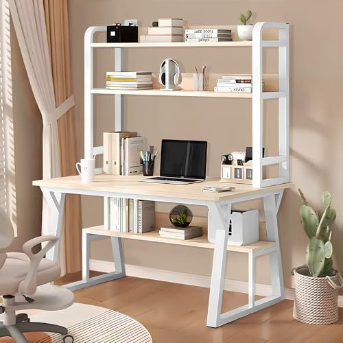 Hause Schreibtisch mit Stauraum Regal Bücherregal Computertisch, Arbeitszimmer Schreib Büro PC Tisch Gamingtisch Wohnzimmer Laptop Workstation -Weiß+Walnussholz, 120CM