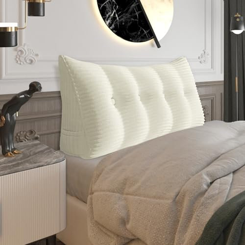 BNCKTRD Rückenkissen Keilkissen Rückenlehne Kissen für Bett Sofa Kopfteil Gepolstert Bettkissen Wandkissen Sofakissen Groß Rueckenkissen Couchkissen Dekokissen Kordsamt Azur Elfenbein Weiß 140cm