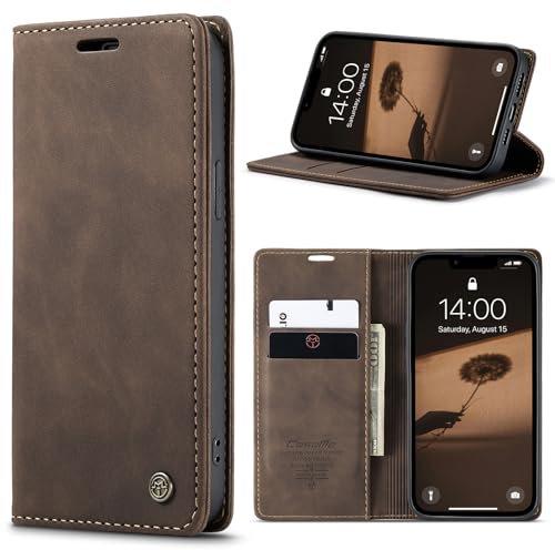 owlhold hülle iPhone 16E klapphülle Premium Lederhülle Weiches Vintage-Nubukleder Faltbare Ständer Schutzhülle Kartenfach Standfunktion Handyhülle iPhone 16E - Kaffee