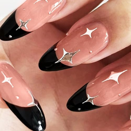 Moguri 24 Stück Schwarz Press on Nägel, Lang, Mandelförmig, Stiletto Nägel mit Sternen- und Monddesign, Glitzer, Gel-Kleber, Nagel-Set mit Zubehör, für DIY Nagelkunst, Party, Hochzeit, Valentinstag