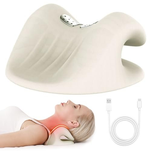 Necluner Massager 4in1, EMS Elektrische Nackenmassagegerät Kabellos, Massagegerät Nacken mit Wärme,16 Einstellbare Frequenzen,Nackenstrecker, Entspannungskissen Neclune Akupressur für den Nacken,Weiß