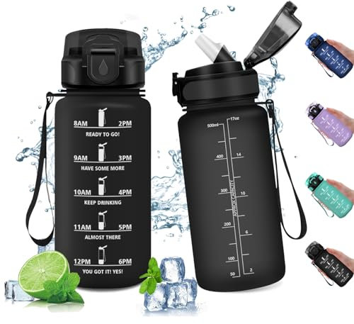 Trinkflasche 500ml, Sport Wasserflasche mit Strohhalm, Motivierende Wasserflasche mit Zeitmarkierung, Trinkflasche Auslaufsicher, Wasserflasche für Fitness, Camping, Fahhrad, Outdoor, Erwachsene
