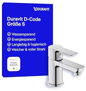 Duravit D-Code Robinet de lavabo Taille S (hauteur du bec 125 mm) Robinet de lavabo à économie d'énergie (FreshStart) Robinet d'économie d'eau Salle de bain (MinusFlow), chromé