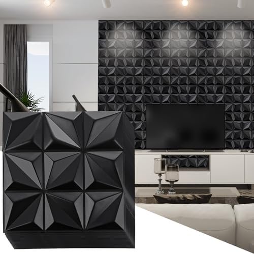 SHUESS 30 Pack 3D Wall Panels - 29 Sq.Feet Decorative Wall Panels - 30 x 30 CM PVC Wall Panels in Diamond Design for Living Room, Bedroom, TV Background Interior Home Wall Decor (Black)
