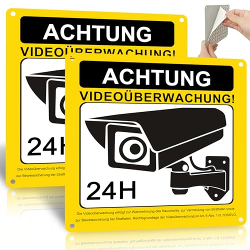 ROUMIO 2 Stück Videoüberwachung Schild mit DSGVO Hinweis, 15x15cm Aluminium Videoüberwachung Schild Privatgrundstück, mit Selbstklebend und 4 Bohrlöcher, hochwertig gestaltet für Innen und Außen