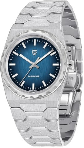 Pagani Design Herren Uhr 7MM Ultradünnes Edelstahl Gehäuse 100m Wasserdicht mit Saphirglas Japanisches Quarzwerk Minimalistisches Design 37mm Elegante Armbanduhr Herren (Silber Blau)