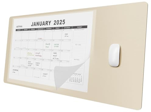 Aothia Schreibtischunterlage mit 17-Monats-Kalender 2025-2026, 80x40cm große Mauspad,Rutschfeste PU Leder schreibunterlage für Büro & Zuhause,Beige
