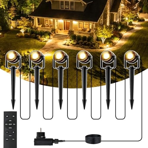 MAGGIFT Spotlight LED Gartenbeleuchtung mit Strom mit Fernbedienung/Timer/3 Lichtmodi,20M/6er Set Strahler Außen 2700K,Wasserdicht IP67 Gartenstrahler Led Außen,12W 24V Gartenlampen für Draußen