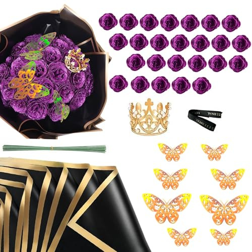 ZYEKIU 24 Pezzi Mazzo di Rose Fiori Finti Bouquet di Rose Glitterate Artificiali Bouquet Fai da Te di Glitter Con Corona, per Regali di Matrimonio, Anniversario, Fidanzamento(Viola