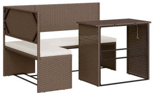 CIOURSTO L-Förmige Gartensofa, Poly Rattan, Terrassen Sitzmöbel mit Klapptisch und Kissen für Balkon und Garten, 142,5 x 100 x 90 cm (Braun)