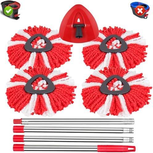 Sgizoku Mocio in microfibra adatto per Viledar Turbo Spin/Smart/EasyWring&Clean 2 in 1 secchio serbatoio, 4 ricariche rosse + 1 base rotante + 1 manico lungo per scopa 148 cm
