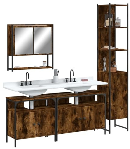 ZfiPhranillus 4-tlg Badezimmermöbel Set Räuchereiche Spanplatte 60/80 x 30 x 60 cm mit Waschbeckenunterschrank Hängeschrank Spiegelschrank Modern & Robust für kleine und große Badezimmer