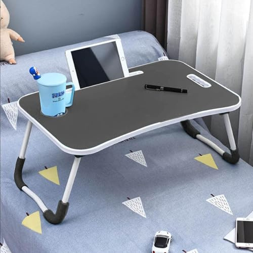 Foldable Laptop Bed Table 60 x 40 x 28cm Laptop Table Stand with Foldable Legs & Cup Slot for Eating Breakfast, Reading, Work & Study Watching Movie on Bed/Sofa Dorm Desk – Black