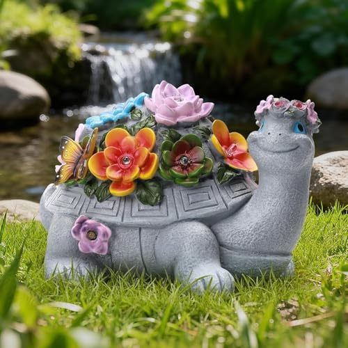 IDEA SHOW Solar Schildkröte Gartenstatue mit Blumen‑Dekor, LED Solarfigur | Perfekte Deko für Garten, Rasen, Balkon, Terrasse, Hof und Teichrand