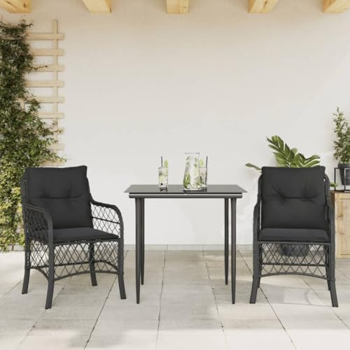 Kaloriko Ensemble de bistro 3 pièces avec coussins, polyrotin noir, 80 x 80 x 74 cm, table en verre résistant aux UV et aux intempéries, pour jardin, balcon