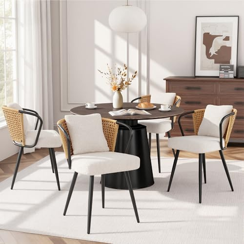 Fijinhom Rattan Esszimmerstühle 4er Set Teddy Stoff Kissen Naturholzfarbe | Küchenstuhl mit Metallbeinen, Stühle Esszimmer Sitzfläche aus Teddy Stoff, Polsterstuhl für Esszimmer,Restaurant,Balkon