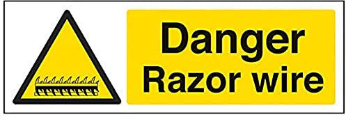 V Safety Danger Razor Wire Warning Sign - 300mm x 100mm - Self Adhesive Vinyl