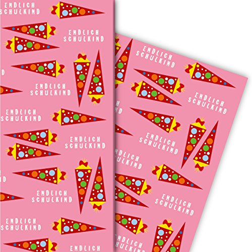Einschulungs Geschenkpapier Set (4 Bogen) | Dekorpapier mit Schultüten Endlich Schulkind , rosa, für tolle Geschenk Verpackung und Überraschungen u.v.m. 32 x 48cm