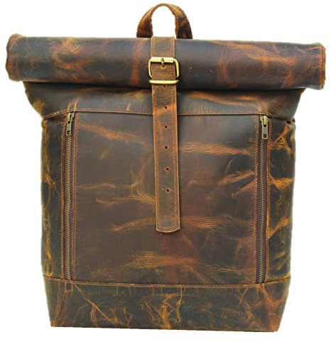 Satchel And Fable Leder-Reise-Laptop-Rucksack, 43,2 cm (17 Zoll), Vintage-Stil, echtes Design, Collage, Wandern, Camping, Schultertasche, für Damen und Herren