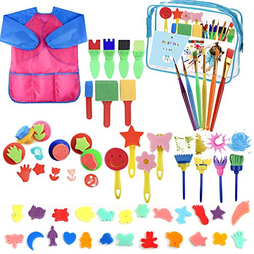 YZNlife Kids Paint Brushes Sponge Kits,52 pcs Painting Brushes Tool Kit for Kids Early DIY Learning Include Foam Brushes, Pattern Brushes Set, Waterproof Apron