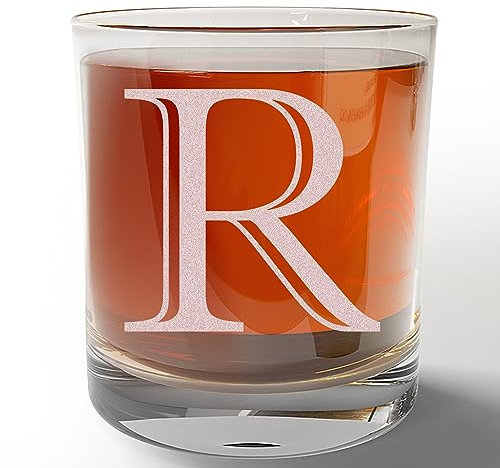 Etched Monogram 325ml Whiskey Rocks Glass (Letter R), A-Z Customised Bourbon Gin Rum Gifts Men, Personalised Whisky Tumbler Glass, Custom Engraved Gifts for Him, Initial, Name, Birthday, Retirement