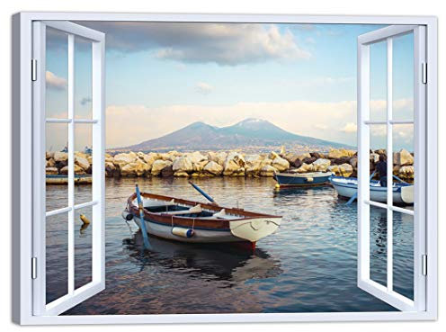 LuxHomeDecor Quadro Finestra Napoli Vesuvio 100x75 cm Stampa su Tela con Telaio in Legno Arredamento Arte Arredo Moderno