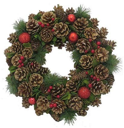 Muddy Hands 15 (38cm) Artificial Christmas Wreath Ring Xmas Wall Door Hanging Decoration (Natural Cone & Red Ball)