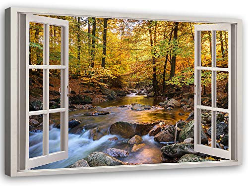 Feeby Peinture sur Toile 3D Vue de la Fenêtre XXL120x80 cm 1 Pièce Impression d'Art Moderne Qualité Photographique Décoration Murale Salon Chambre Cuisine Bureau Couloir Rivière Marron