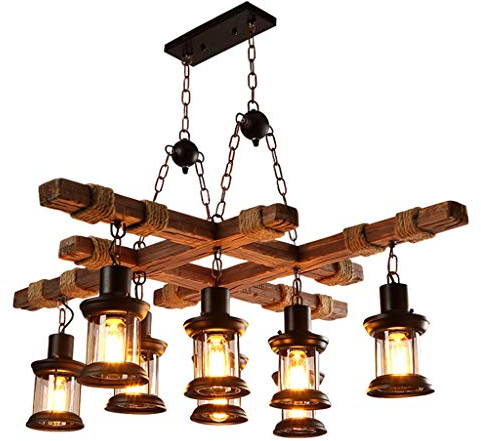 Pendelleuchte Vintage Hängelampe E27 Retro Industrie Pendellampe Eisen Loft Kronleuchter Rustikal Holz Leuchter Wohnzimmer Runde Hängend Eisen Höhenverstellbar Deckenlampe Esszimmer Wohnzimmer 8XE27