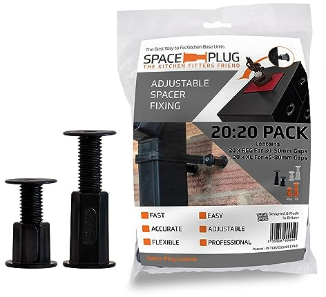 Space-Plug Adjustable Spacer Fixings, 40 Pack of Black Spacers, (20 Regular size for 30-50mm gaps, 20 XL size for 45-80mm gaps), Professional & DIY use for kitchen, bedroom & bathroom installations