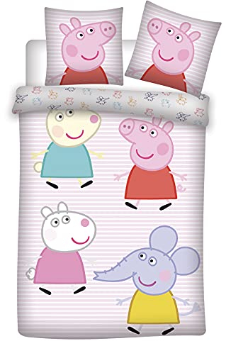 BrandMac ApS Bettwäsche Peppa Wutz, 100% Baumwolle, Bettbezug, Rosa, liniert, 100 x 135 cm + Kissenbezug 40 x 60 cm
