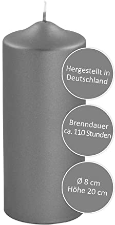 FINK Stumpenkerze grau für Windlichte Leuchter - Tischdekoration - raucharm duftneutral - H 20 D 8 cm - RAL Qualität
