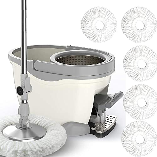 JINHH Fregona Piso Microfibra, fregona giratoria, escurridor, Cubo, Pedal, escurridor, Turbo, Cuatro impulsiones, fregona giratoria 360, fregona Polvo, Reutilizable 5 recambios Cabeza Microfibra