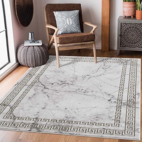 carpet city Teppich-Läufer Wohnzimmer - 80x300 cm Kurzflor Grau Golden - Bordüre, Mäander, Stein-Optik - Moderne Flur-Teppiche Flachflor - Deko Schlafzimmer
