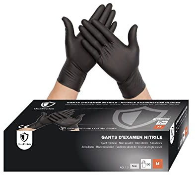 OneProtek Gants jetables noir en nitrile - Boîte de 100 Gants Nitrile - Taille M (Moyenne) - Sans latex - Résistants et Multi-usages - Protection contre les produits chimiques