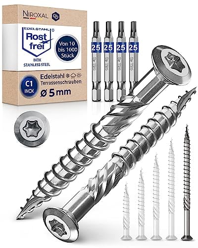 1000 Stück Terrassenschrauben 5 x 80 mm lang | PERFEKT für 35 mm Terrassendielen | rostfreier gehärteter C1 Edelstahl | Torx 25 inkl. 4 Bits | Holzschrauben mit flachem Senkkopf Teilgewinde
