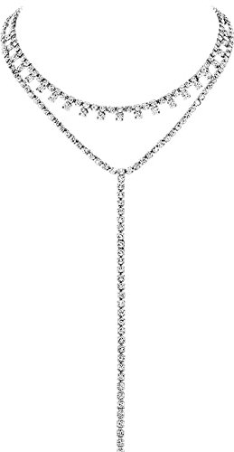 JewelryWe Glitzer Choker Halskette Damen: Silber Multi Reihen Strass Y Form Geschichtete Choker Halsband Mehrschichtige Lange Kette mit Anhänger Luxus Party Schmuck Geschenk für Frauen Mädchen