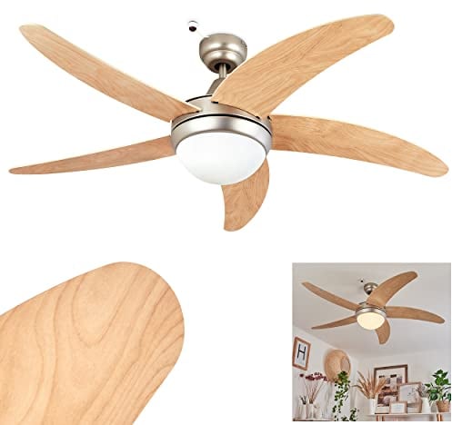 HOFSTEIN Deckenventilator Morino, Ventilator aus Metall/Holz/Glas in Nickel-matt/Natur/Weiß, mit Fernbedienung und Auf- und Abwind, Deckenleuchte für 2 x E14, IP20, drei Stufen