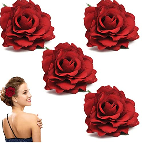 4 Pcs Rouge Rose Pinces À Cheveux Fleur Épingles À Cheveux Fleur Pin Up Broche Floral Clips Broche De Fleur De Mariage pour La Fête Accessoire De Cheveux pour Femmes Filles