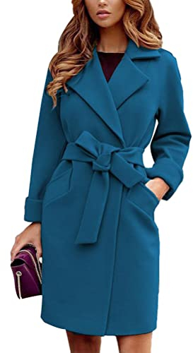 shownicer Damen Mantel Elegant Lang Wollmantel Mode Langarm Umlegekragen Einfarbig Trenchcoat Warme Outwear Herbst Winter Jacke mit Gürtel A Blau01 M