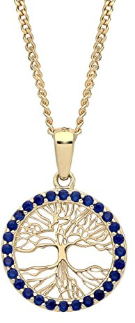 9ct Solid Gold Sapphire Tree of Life reversible Pendant Necklace with Yellow Gold 18 Inch Oval Belcher Chain Unisex for Women & Men. Stackable Reversable Tree of Life For Adults & Teens Pendant Chain.
